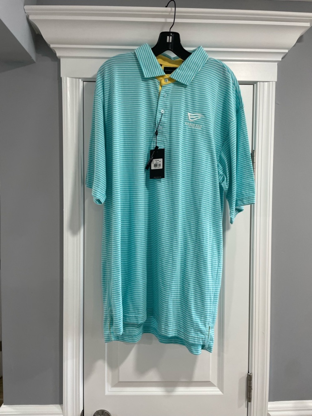 Bobby Jones Aqua Striped Polo with Yellow Placket Accent